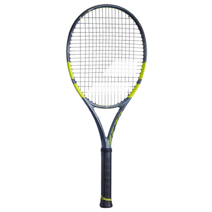 Tennis racket with black and yellow design on a white background