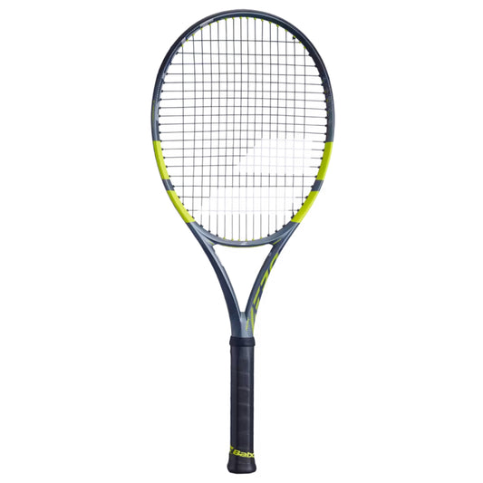 Tennis racket with black and yellow design on a white background