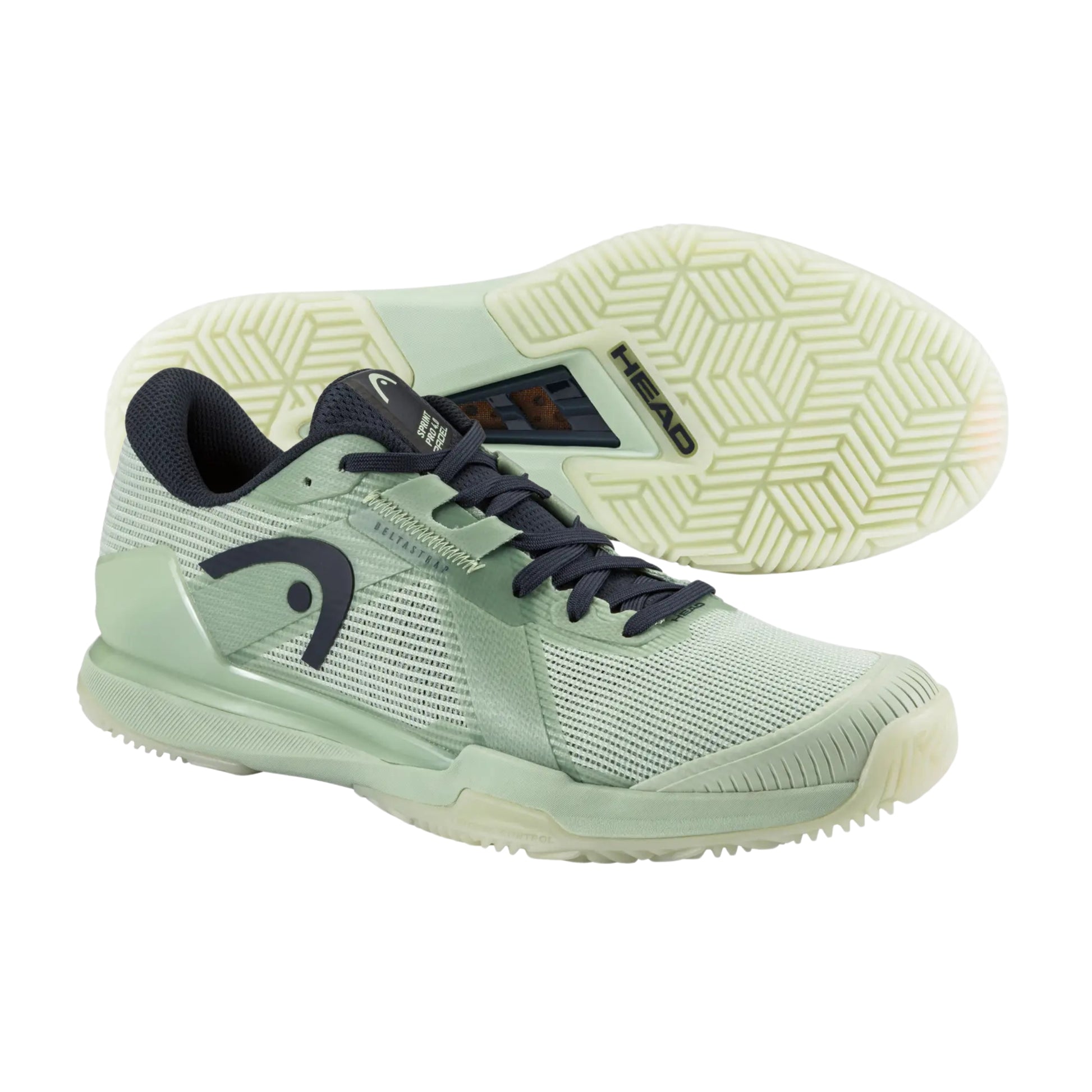 Light green Head padel shoes with black laces and head logo on a white background