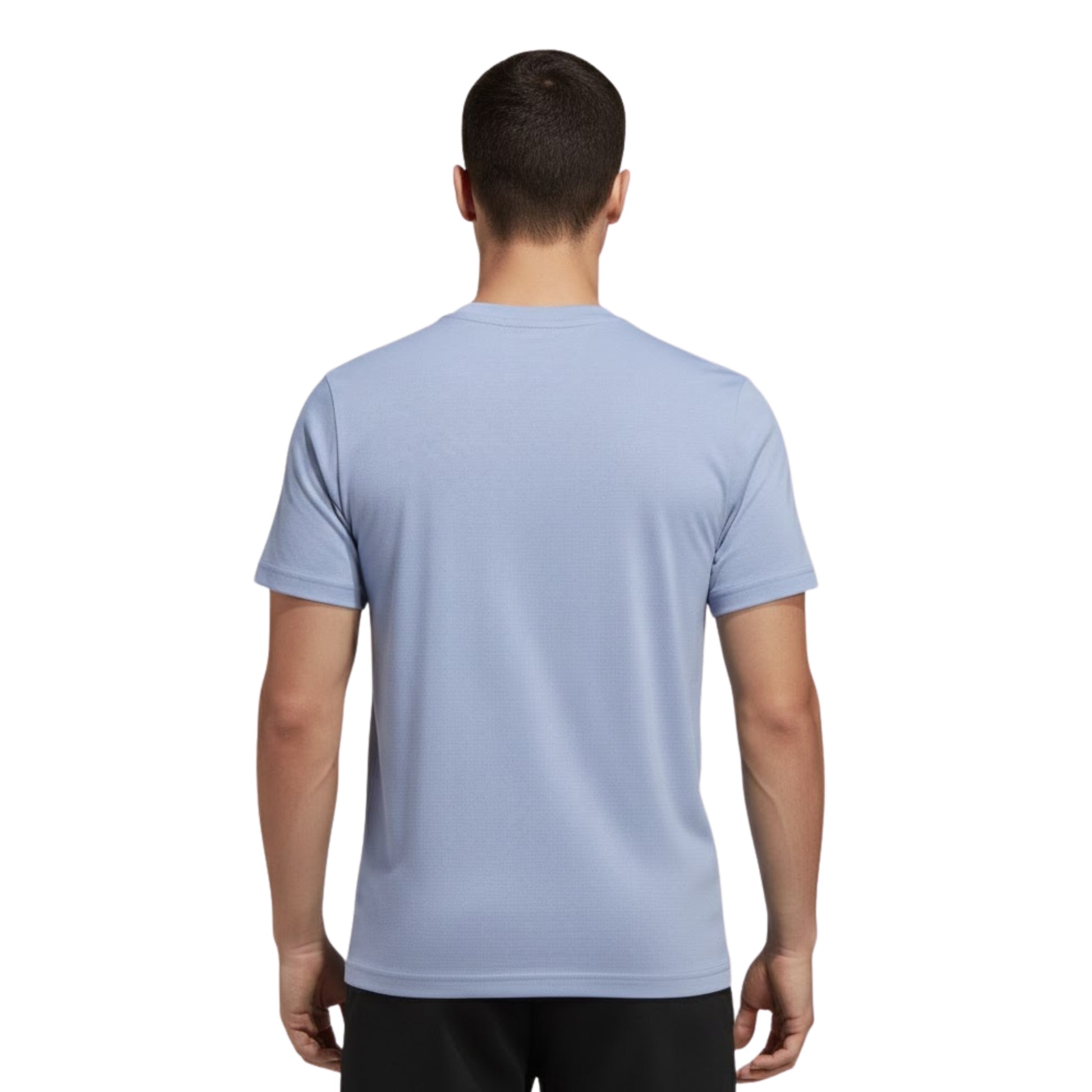 Man wearing a light blue t-shirt on a white background
