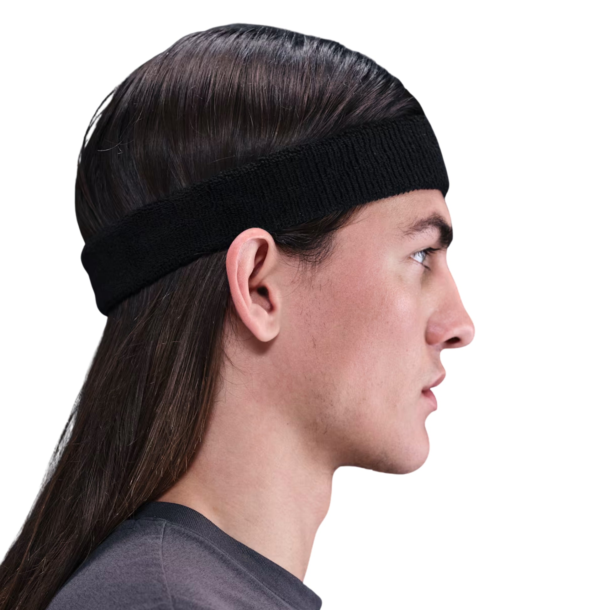 Person wearing a black headband on a white background
