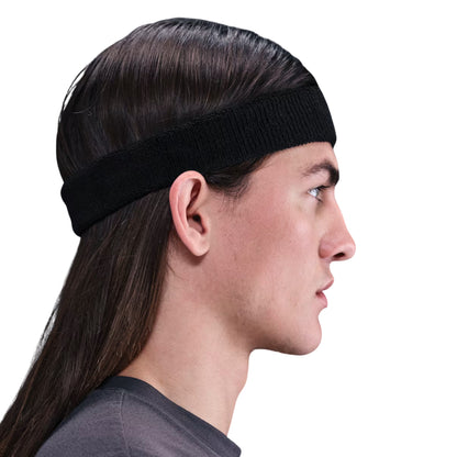 Person wearing a black headband on a white background