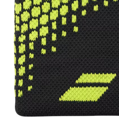 Black and yellow patterned wristband with a logo on a white background