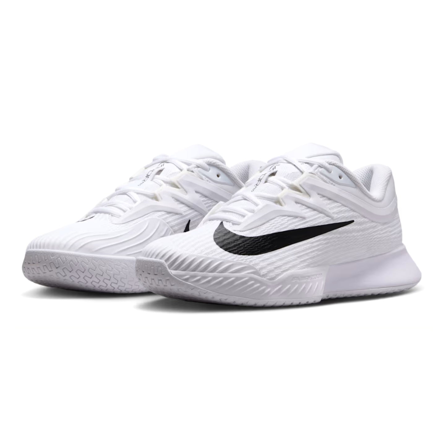 White tennis shoes with a black Nike logo on a white background
