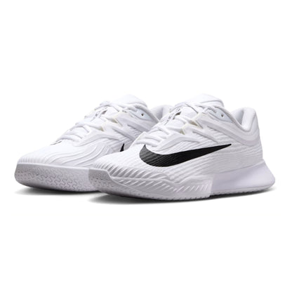 White tennis shoes with a black Nike logo on a white background