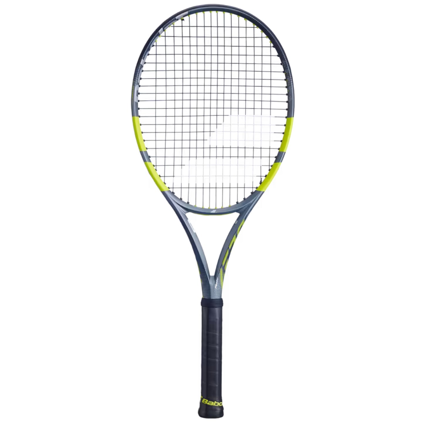 Tennis racket with a black and yellow design on a white background