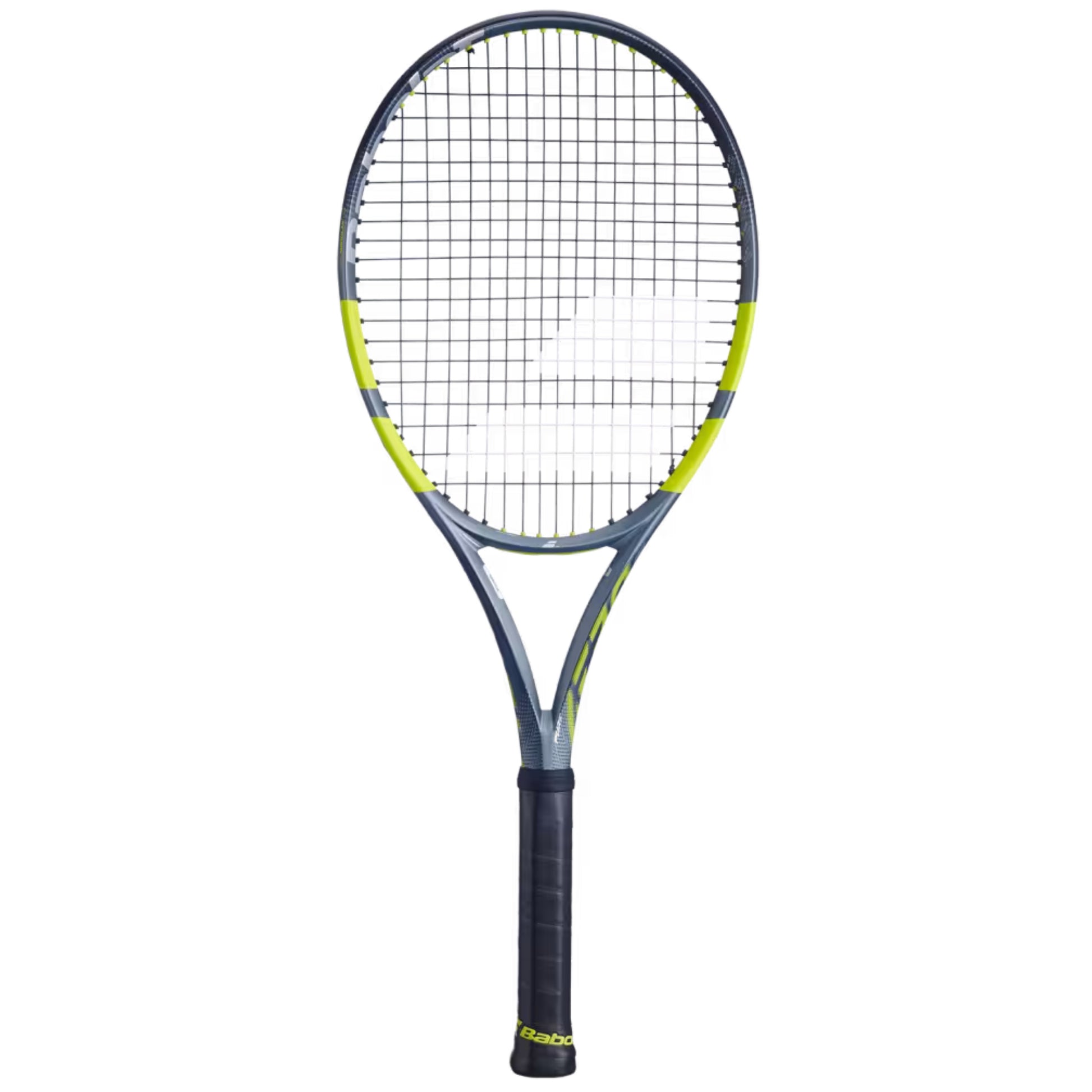 Tennis racket with a black and yellow design on a white background