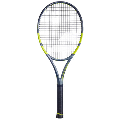 Tennis racket with a black and yellow design on a white background