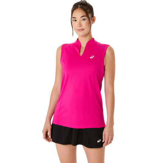 Woman wearing a pink Asics tank top and black shorts with a white logo on a white background