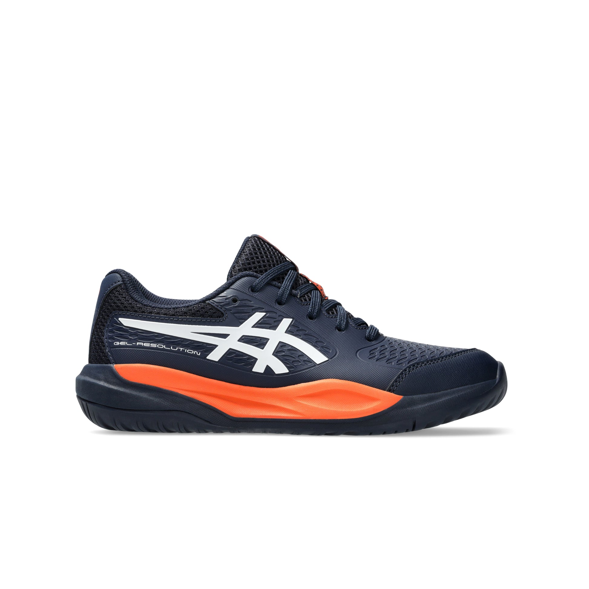 Navy and orange Asics tennis shoe on a white background