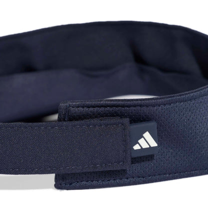 Back view of a navy blue visor with Adidas logo on a white background