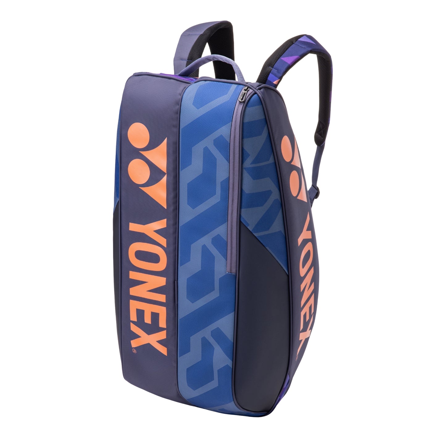 Blue and navy Yonex racket bag on a white background