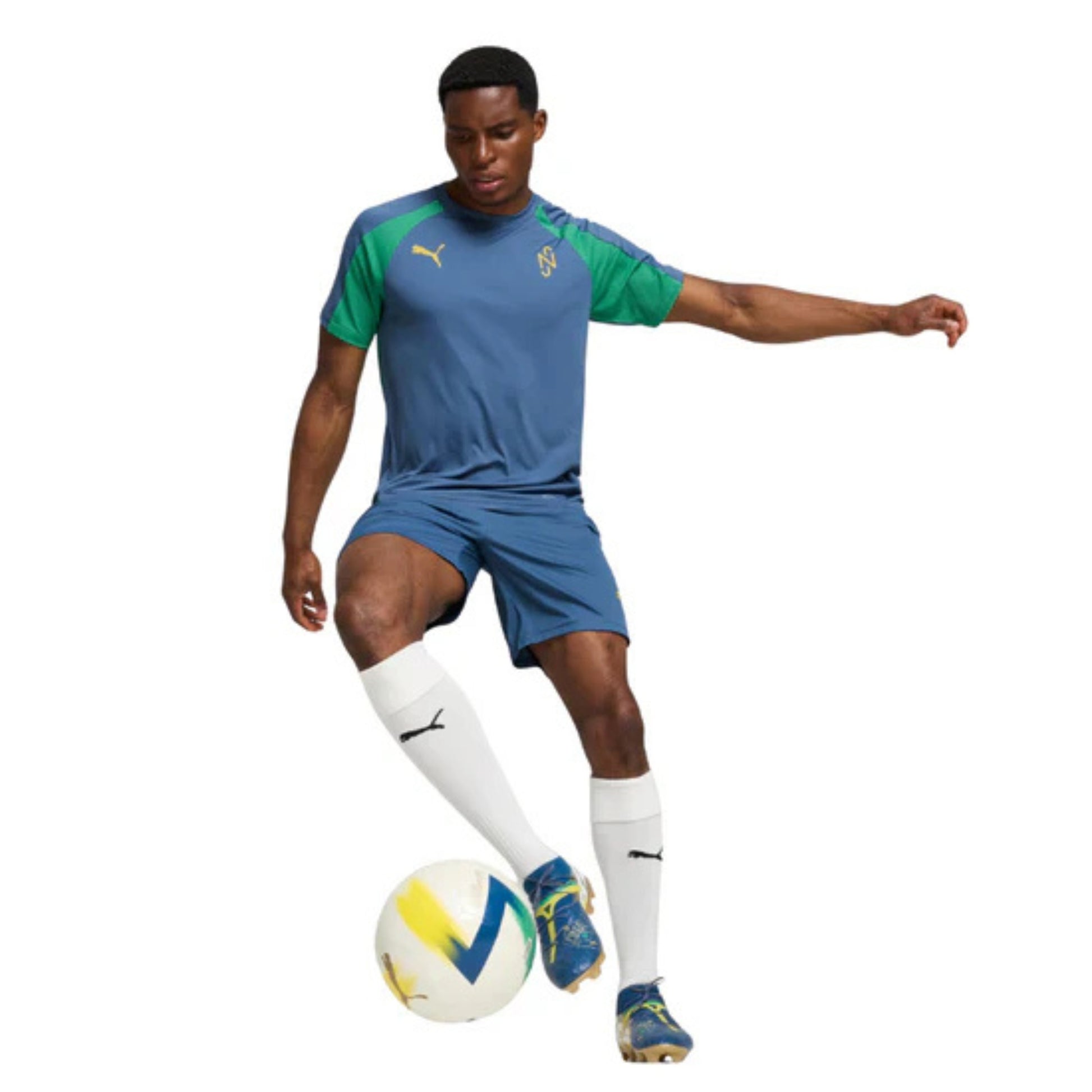Person playing soccer with a ball on a white background
