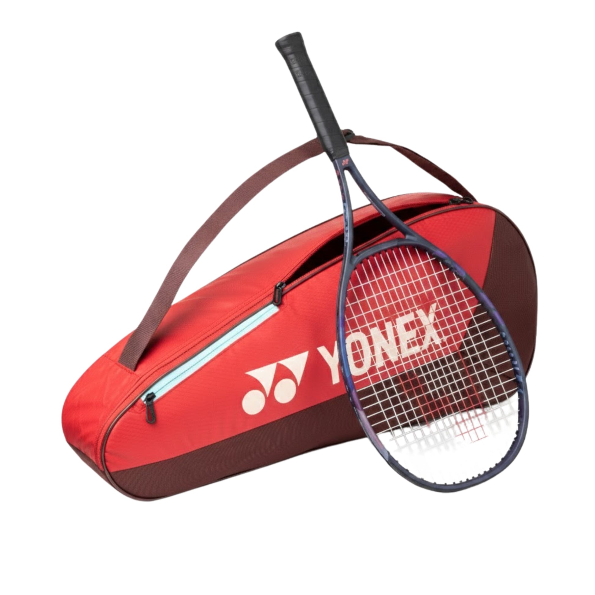 Red Yonex tennis racket bag with a tennis racket on a white background