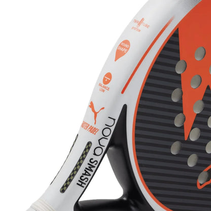 Close-up of a white and red Puma padel racket with branding on a white background