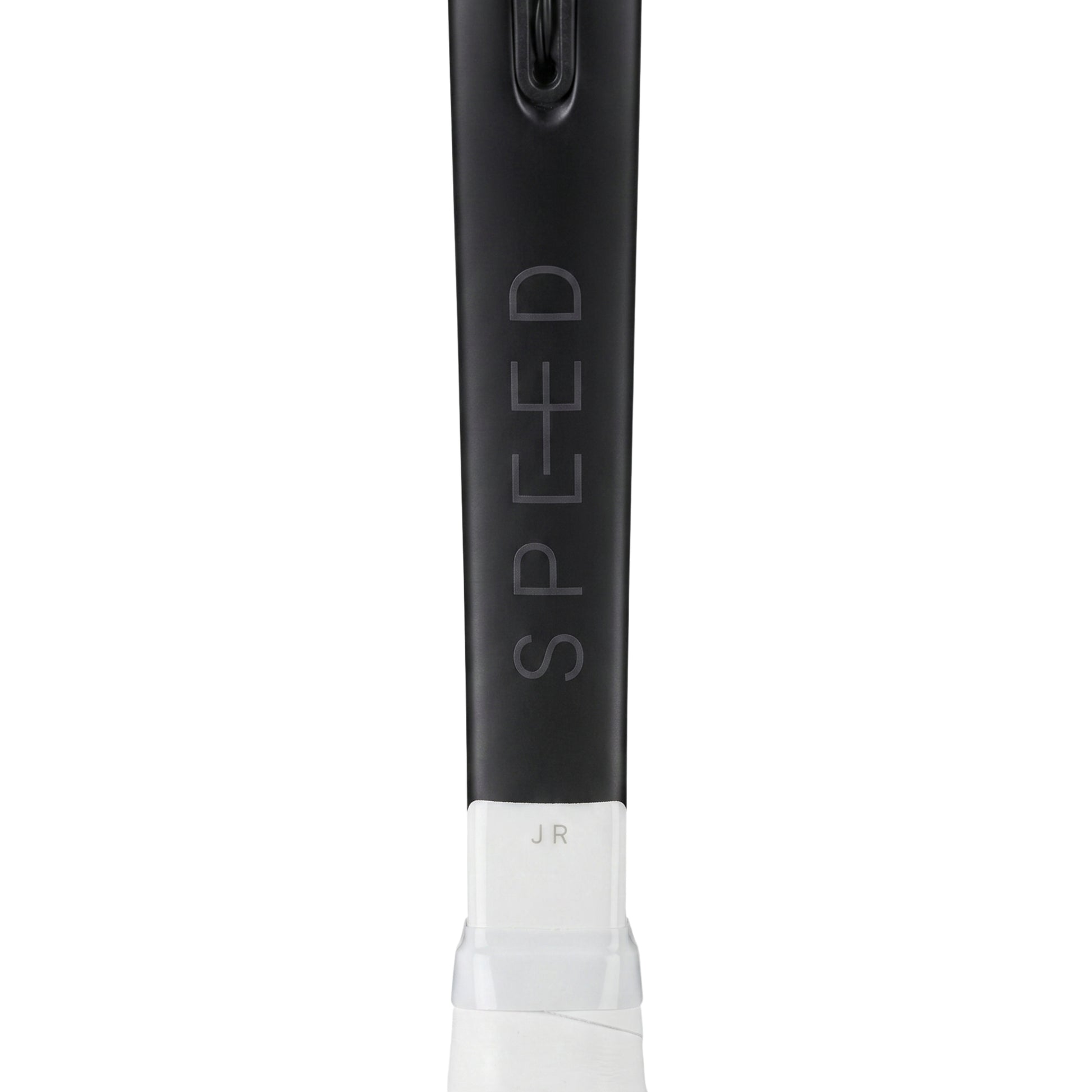 Close-up of a tennis racket shaft and grip on a white background, showing the HEAD SPEED model with a black frame and white wrapped handle.
