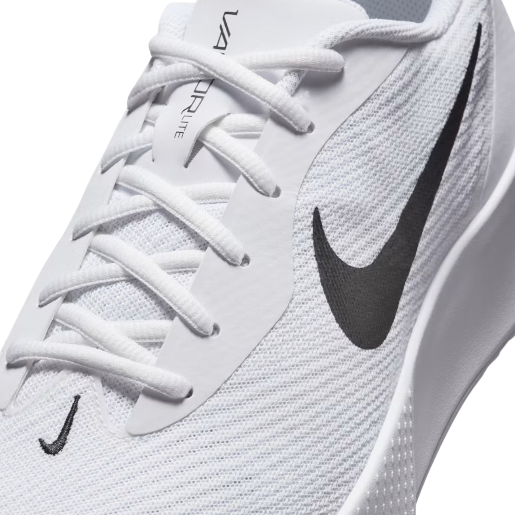 White tennis shoe with black swoosh logo on a white background