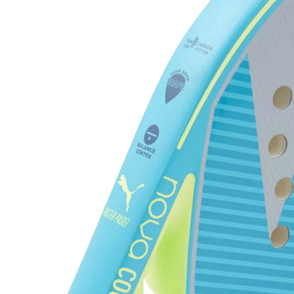 Close-up of a blue padel racket with branding on a white background