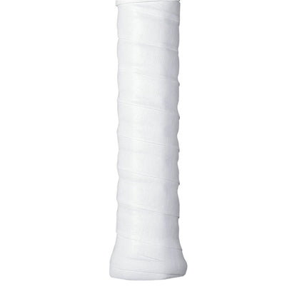 White Wilson overgrip on a racket handle on a white background