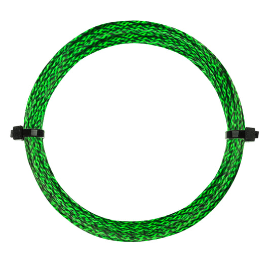 Green braided tennis string on a white background