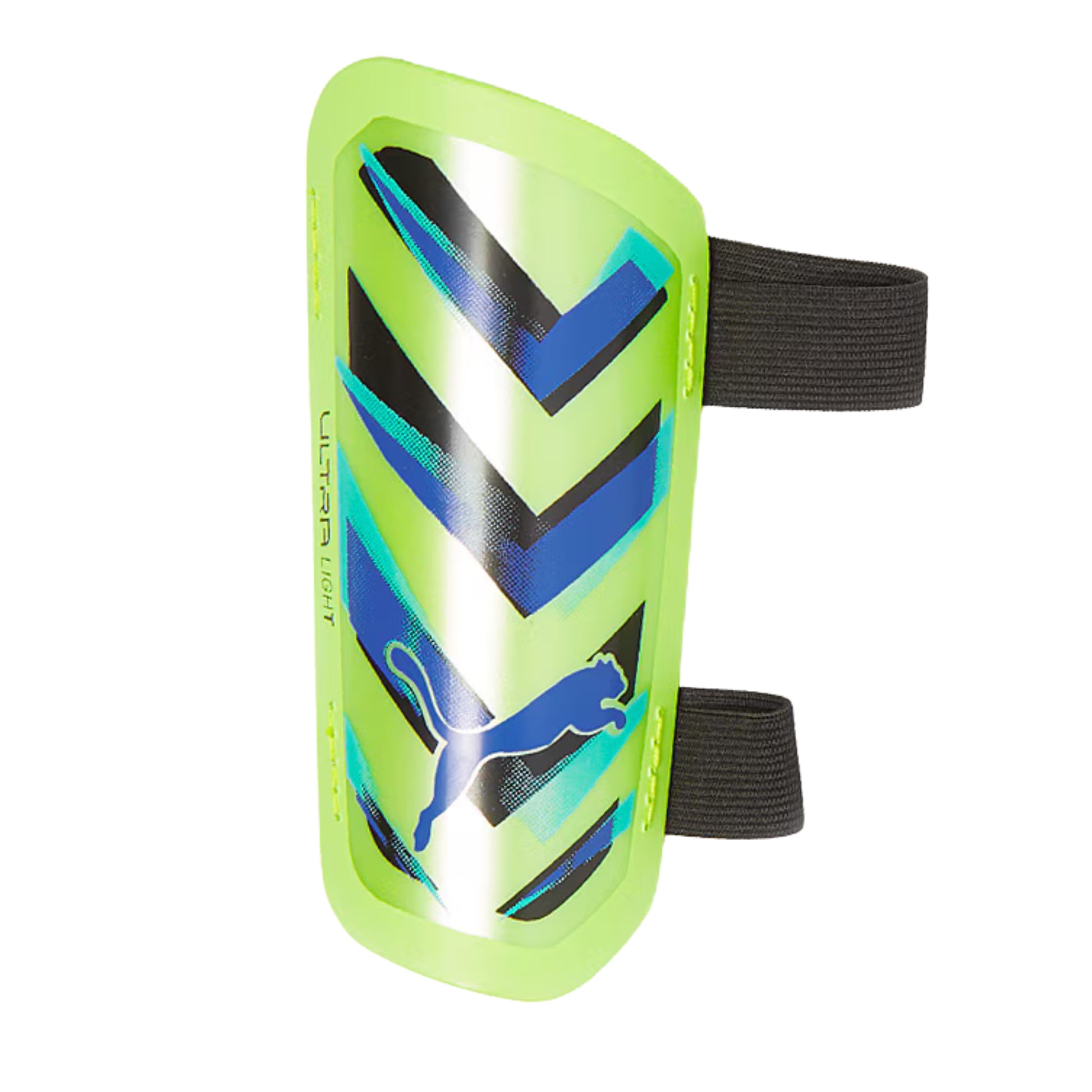 Green shin guard with black and blue design on a white background