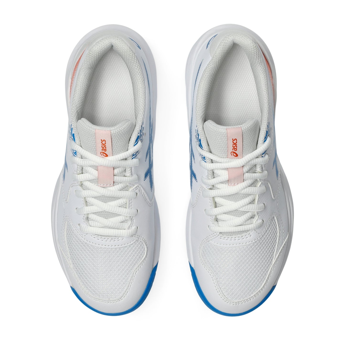 A pair of white Asics tennis shoes shown from a top-down view on a clean white background, featuring light blue and pink accents.