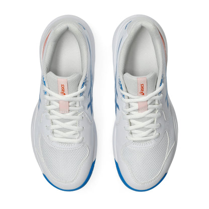 A pair of white Asics tennis shoes shown from a top-down view on a clean white background, featuring light blue and pink accents.