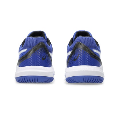 Back view of blue and black tennis shoes on a white background