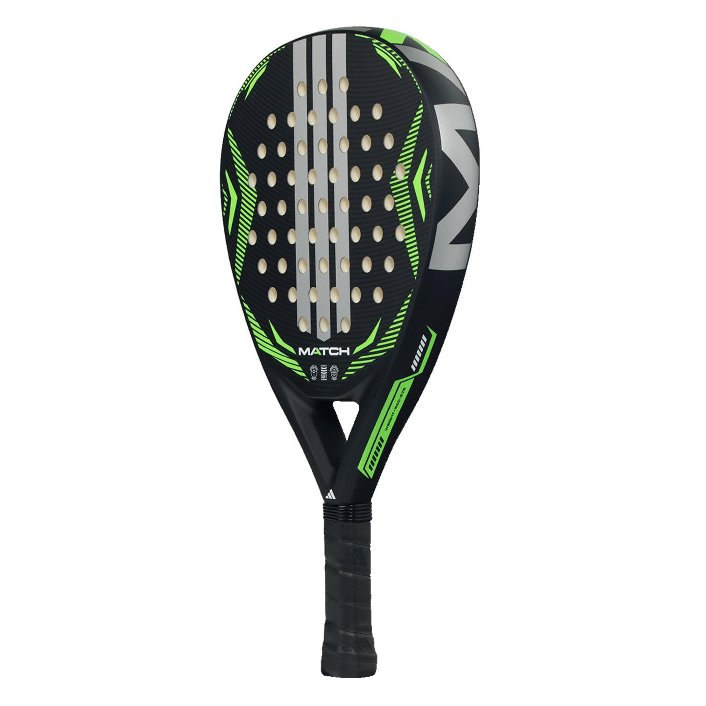 Padel racket with black and green design on a white background