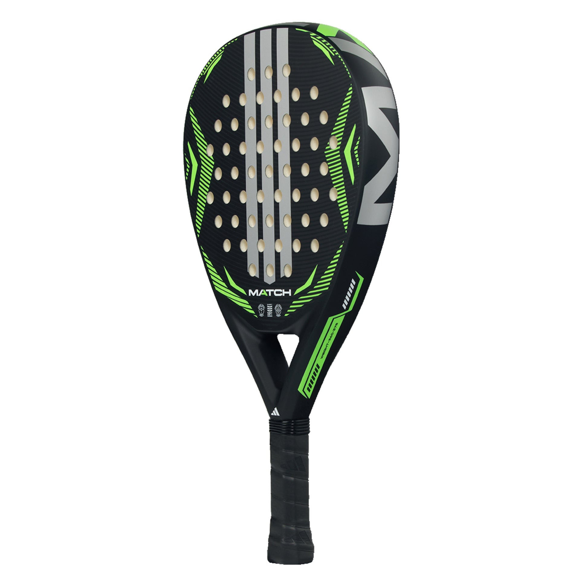 Padel racket with black and green design on a white background