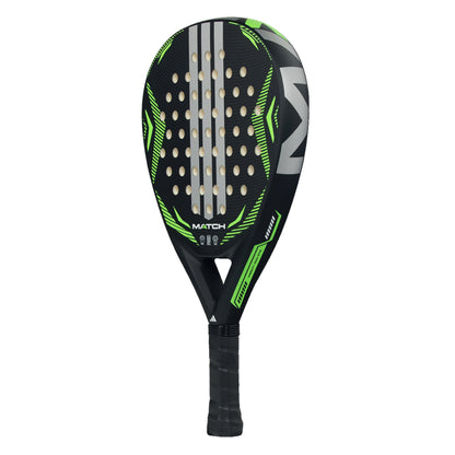 Padel racket with black and green design on a white background
