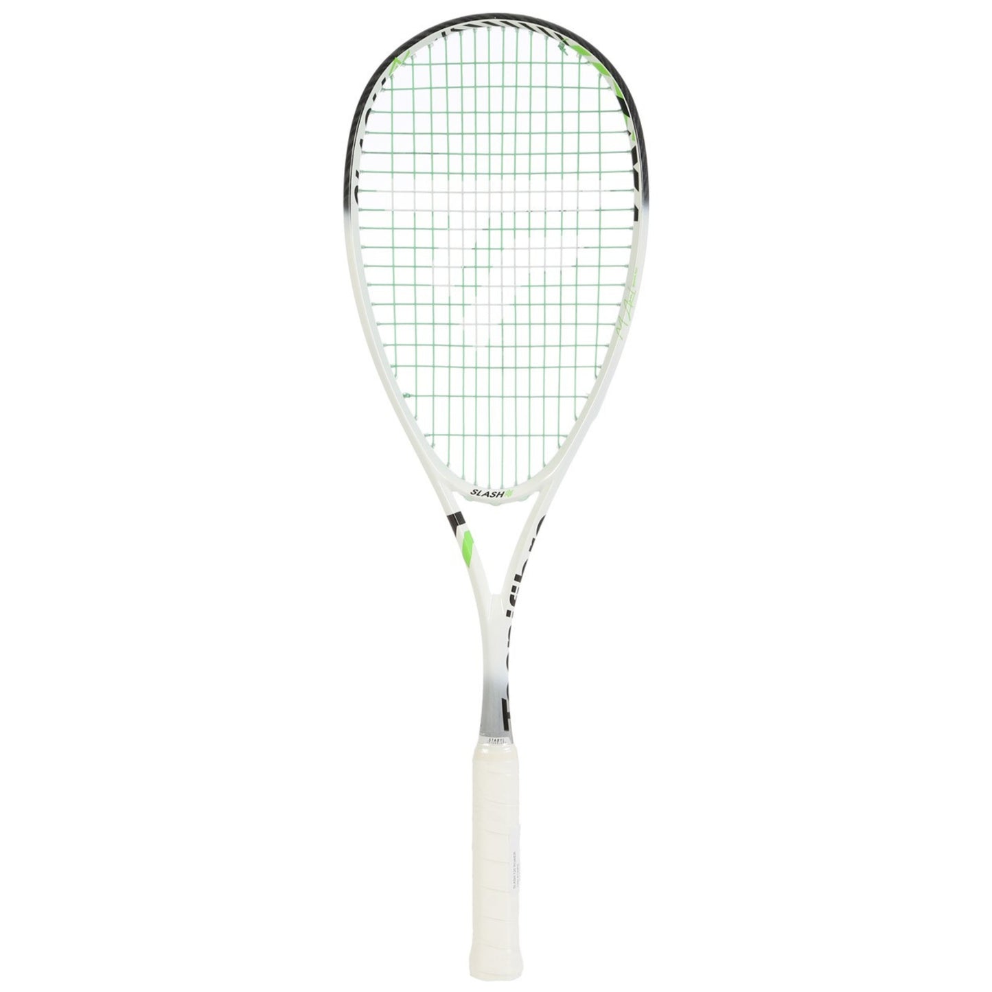 A Tecnifibre squash racket with a white frame, green and white stringing, and a white grip, shown vertically against a plain white background.