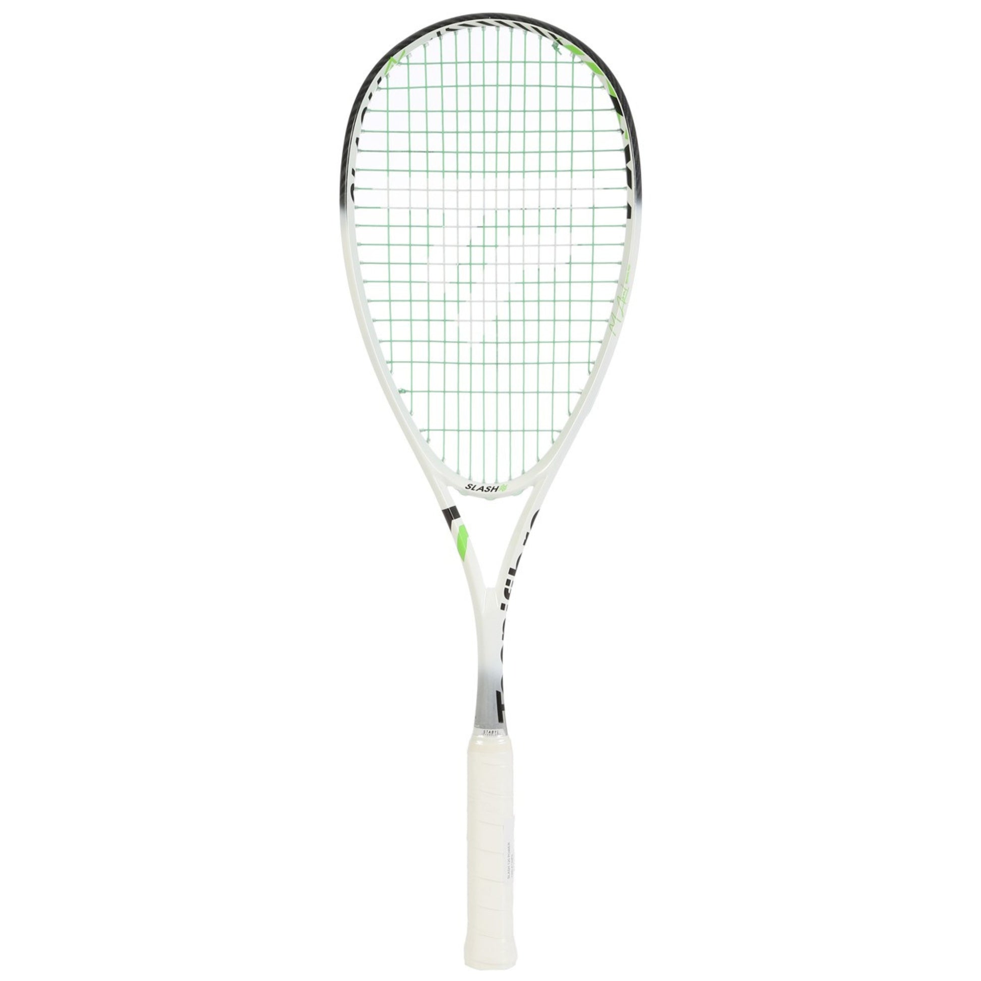 A Tecnifibre squash racket with a white frame, green and white stringing, and a white grip, shown vertically against a plain white background.
