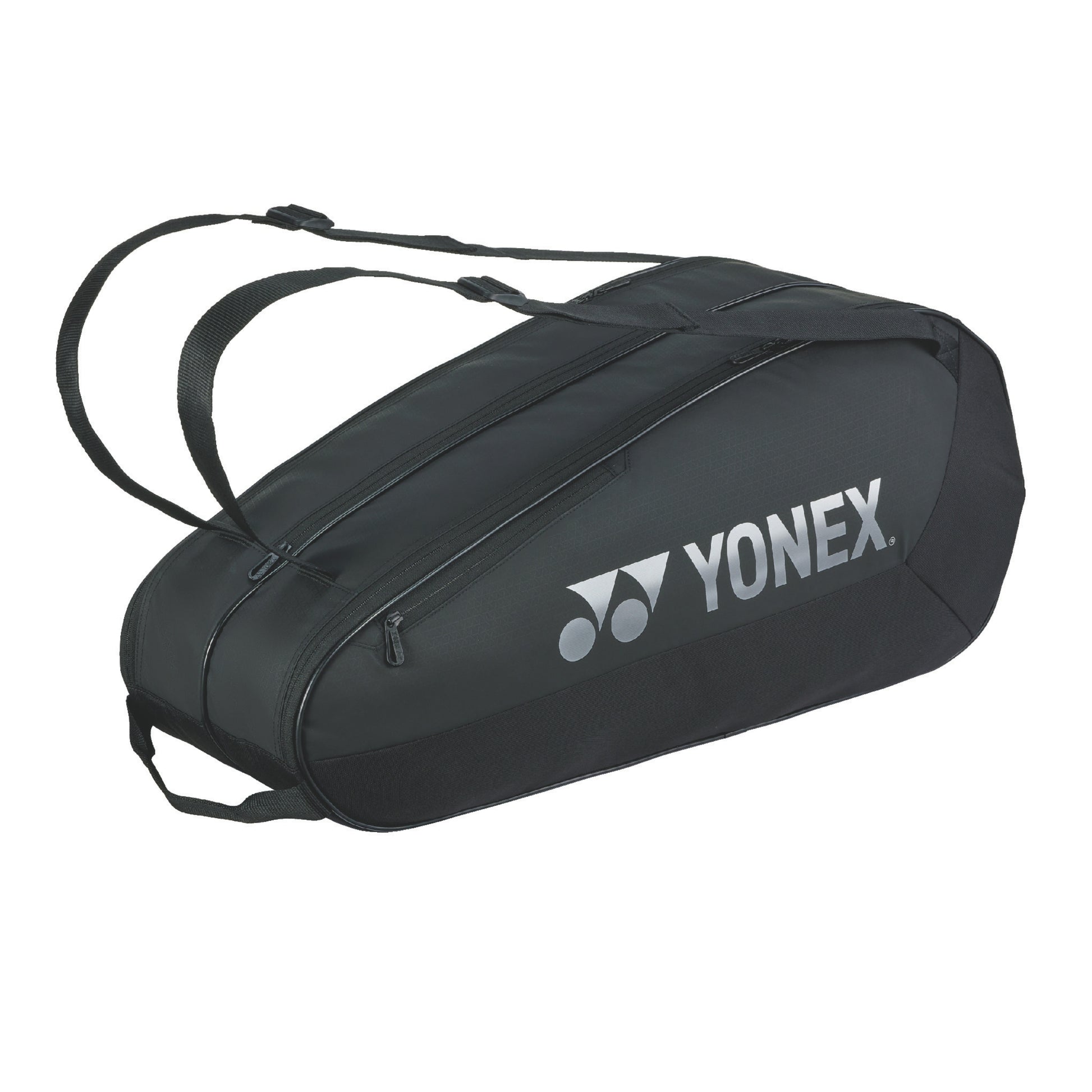 Black Yonex tennis bag on a white background