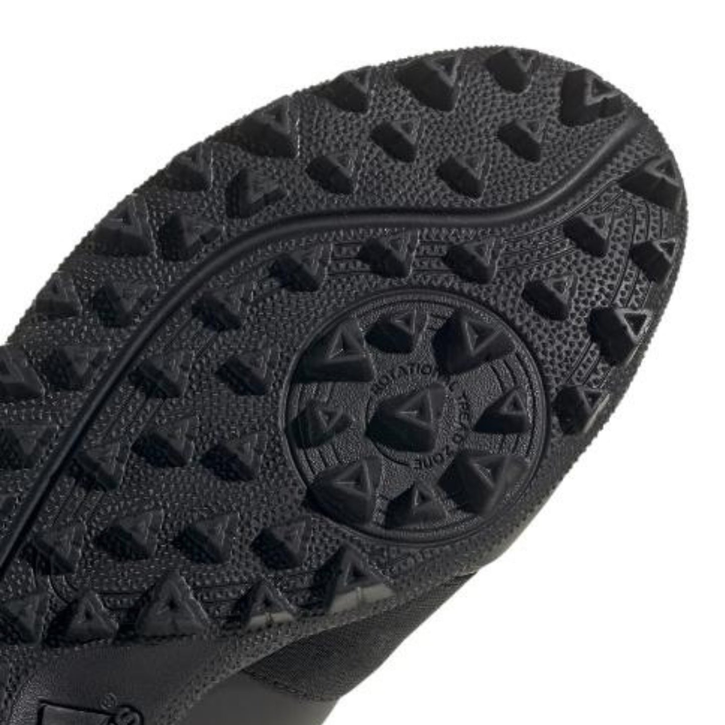 Close-up of a black shoe sole with a brand logo on a white background