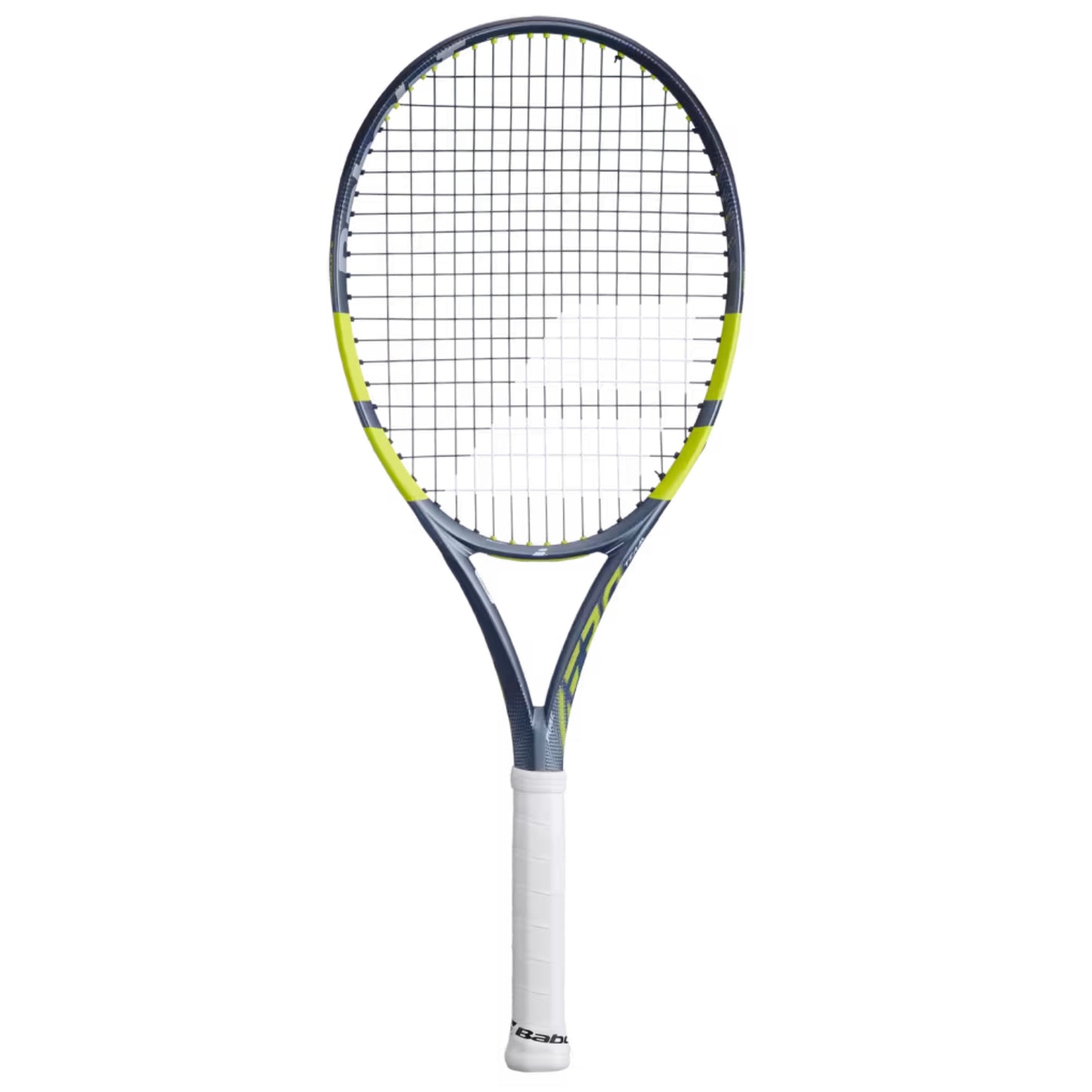 Gray tennis racket with a white handle on a white background