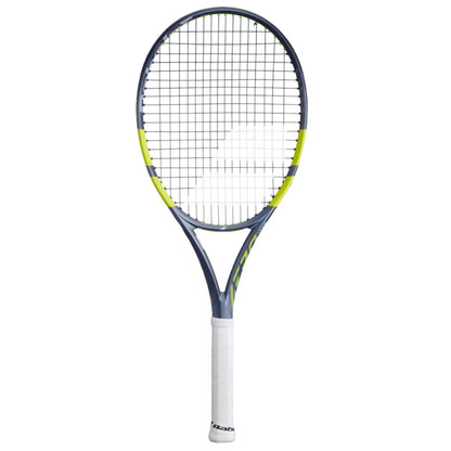 Gray tennis racket with a white handle on a white background
