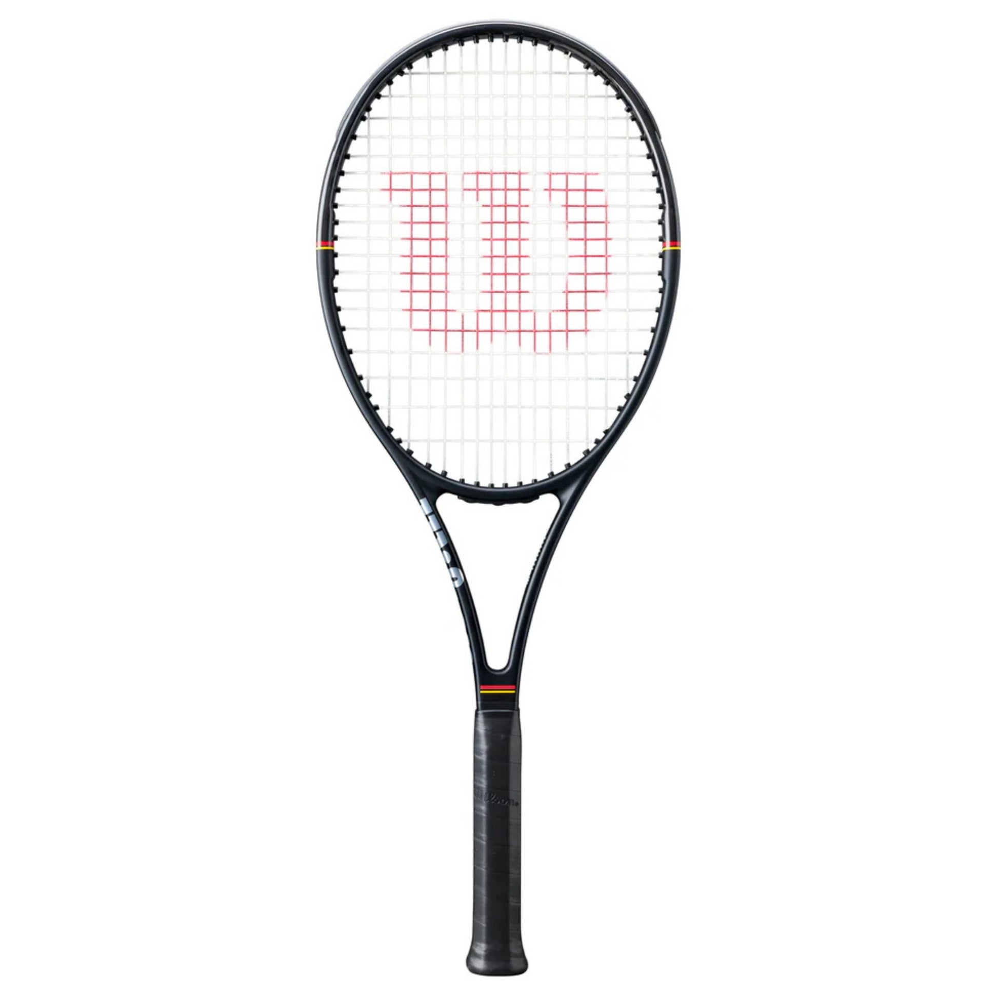 Tennis racket with a white strings pattern and black frame on a white background