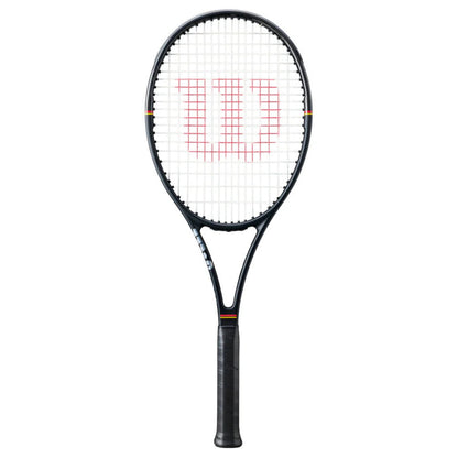 Tennis racket with a white strings pattern and black frame on a white background