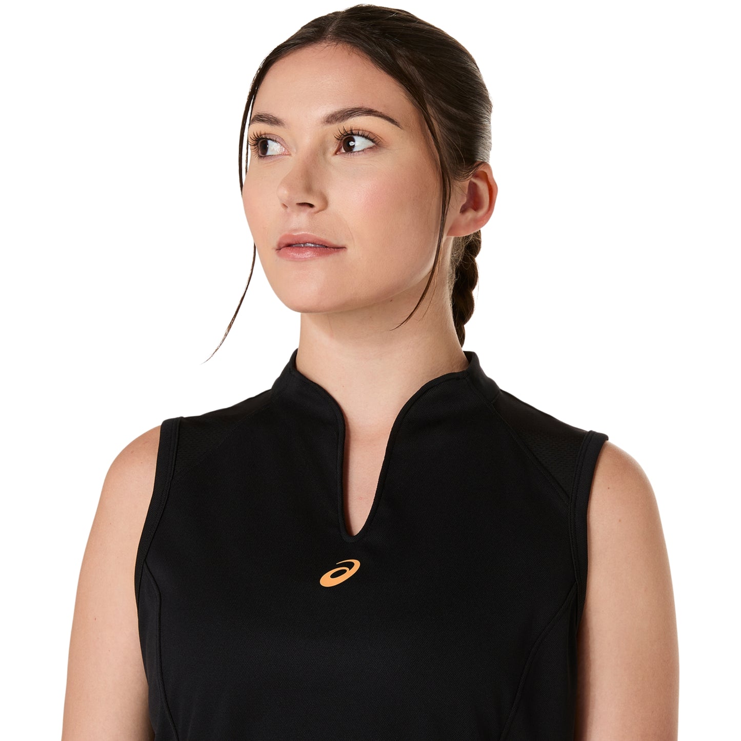 Woman wearing a black tank top with a logo on a white background