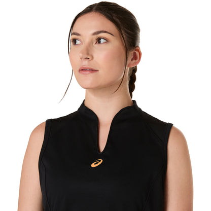 Woman wearing a black tank top with a logo on a white background