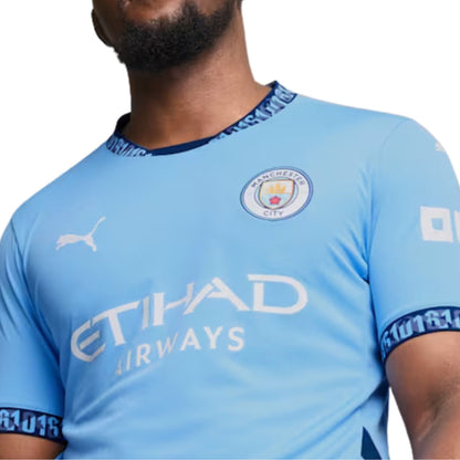 Light blue soccer jersey with Manchester City and Etihad Airways logos on a white background