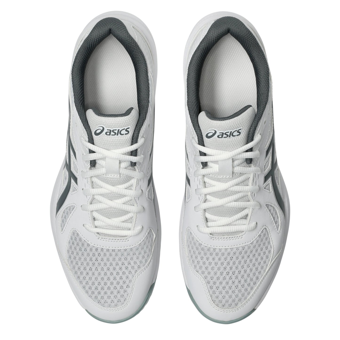 A pair of white and gray Asics squash shoes shown from a top-down view on a plain white background.