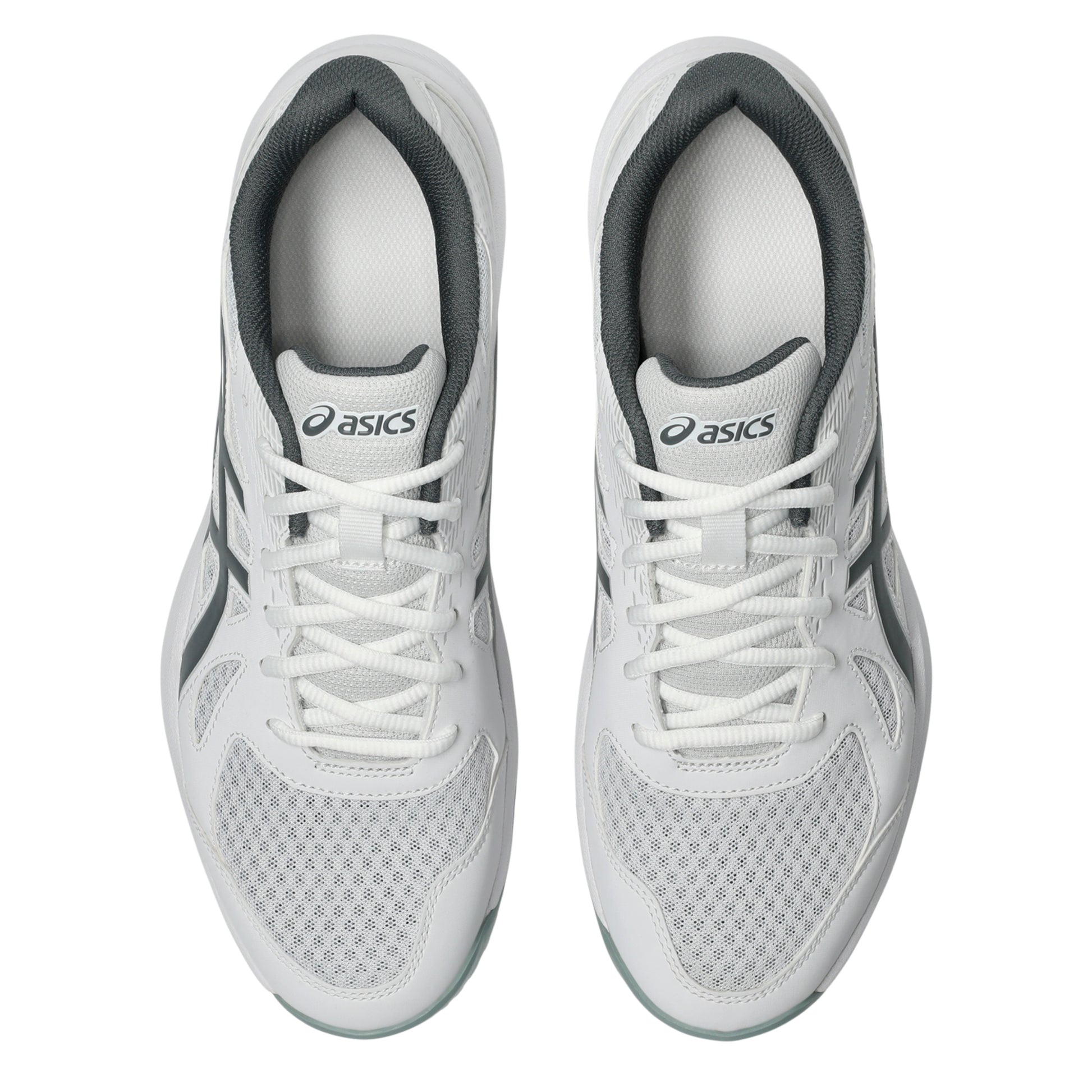 A pair of white and gray Asics squash shoes shown from a top-down view on a plain white background.