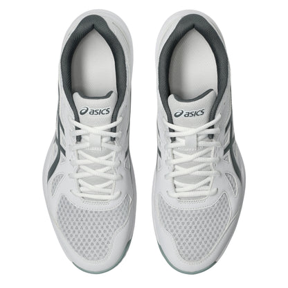A pair of white and gray Asics squash shoes shown from a top-down view on a plain white background.