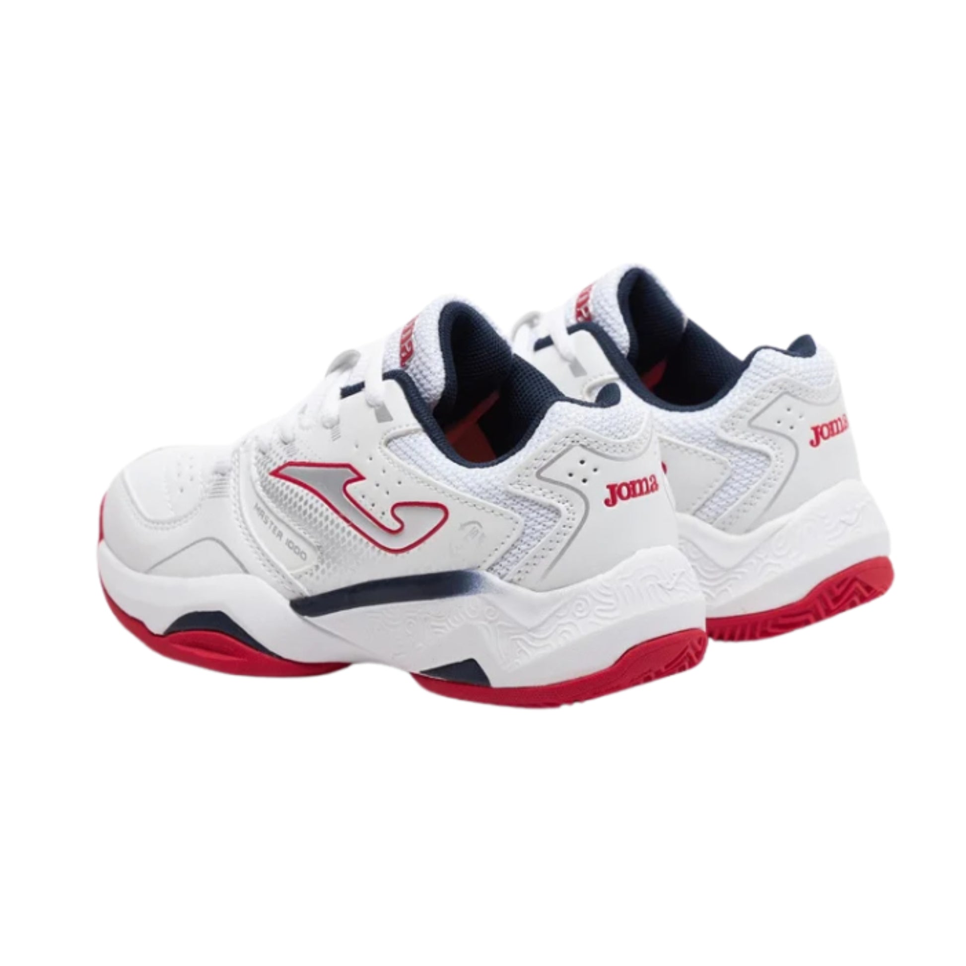 White tennis shoes with red accents on a white background