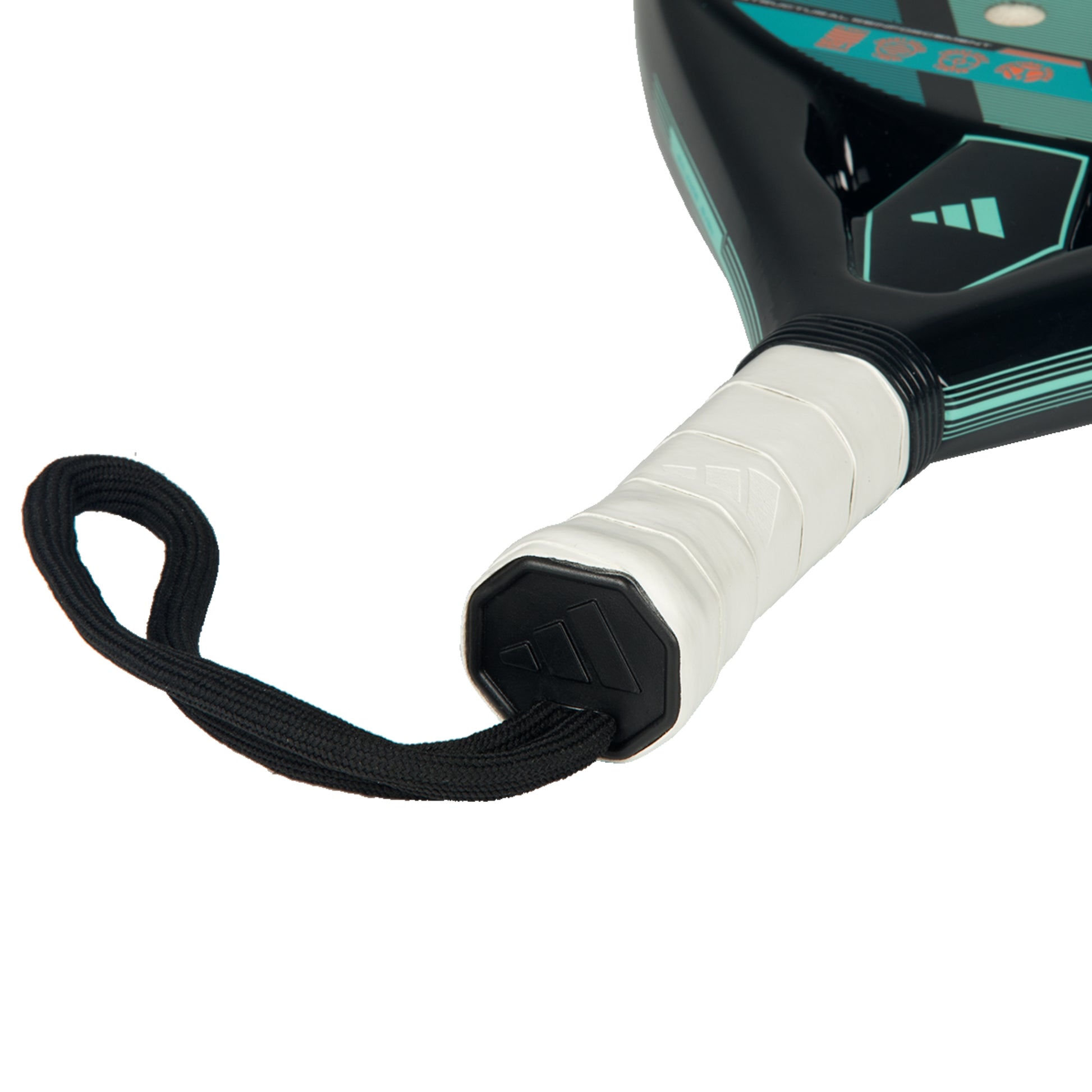 Close-up of a padel racket with a white and black grip on a white background