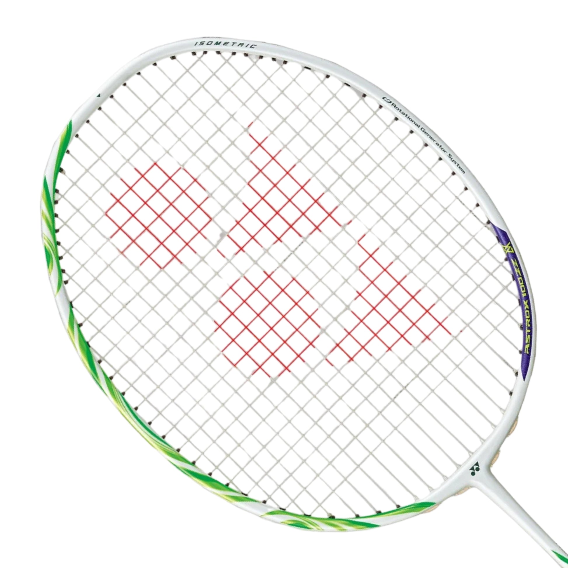 Close-up of a badminton racket with a white and green frame on a white background