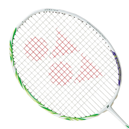 Close-up of a badminton racket with a white and green frame on a white background