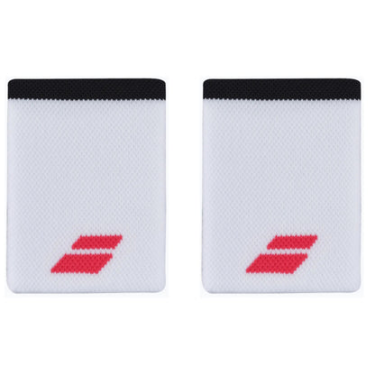 Two white Babolat wristbands with black bands and red logos on a white background